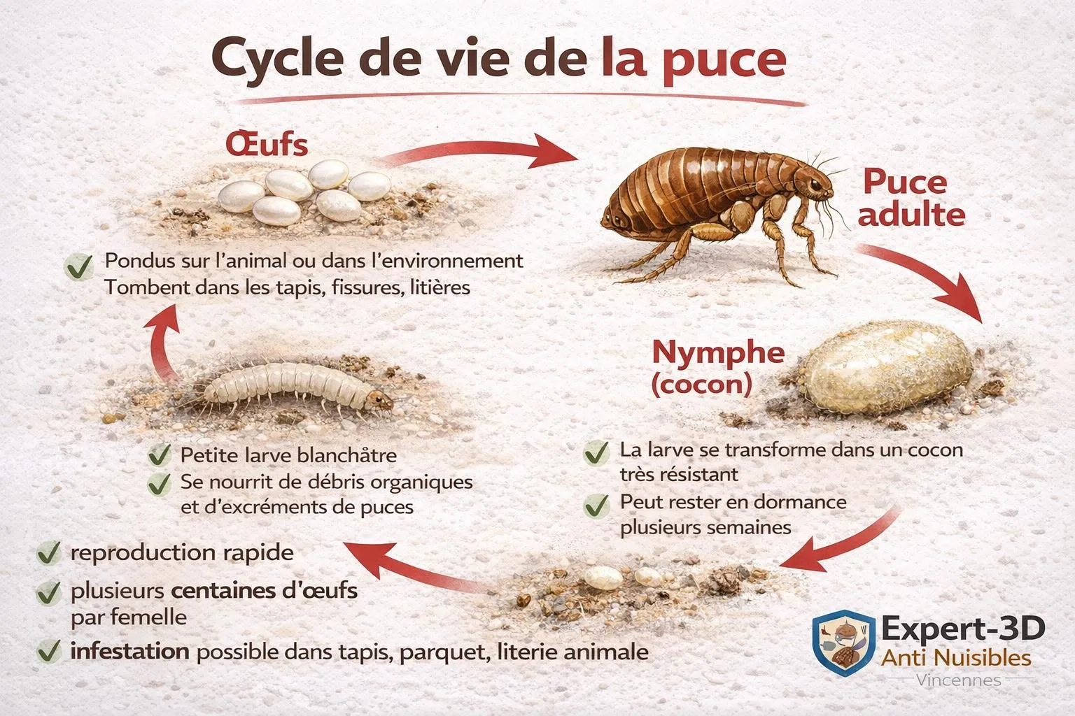 Schéma du cycle biologique : Puces & tiques